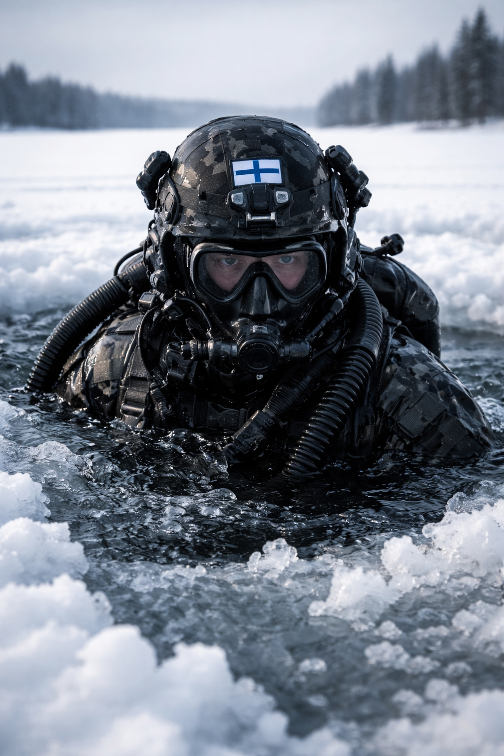 Modern Finnish special forces combat diver in icy water