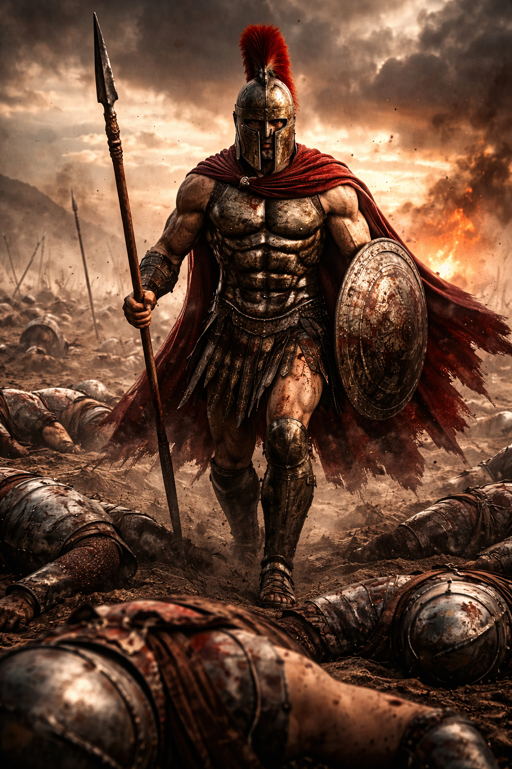 Spartan warrior with shield after battle, exhausted but still standing